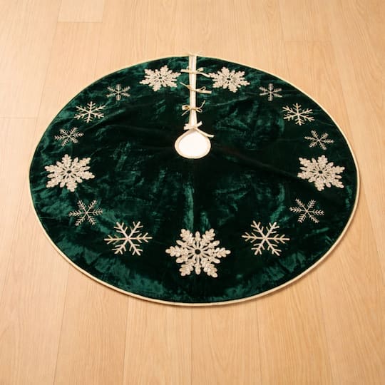 Melrose 26.75" Green & Gold Embroidered Snowflake Christmas Tree Skirt